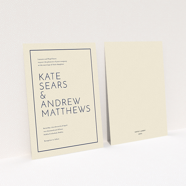 A personalised wedding invitation design titled "Simple lines". It is an A6 invite in a portrait orientation. "Simple lines" is available as a flat invite, with tones of cream and navy blue.