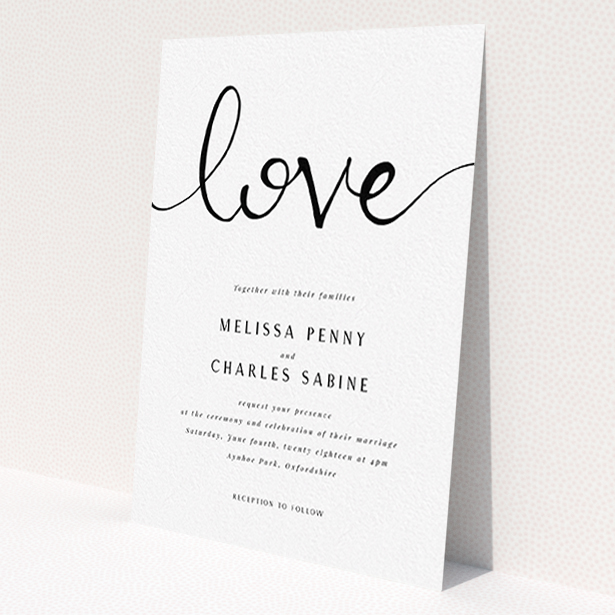 A personalised wedding invitation design called 'Simply Love'. It is an A6 invite in a portrait orientation. 'Simply Love' is available as a flat invite, with tones of white and black.