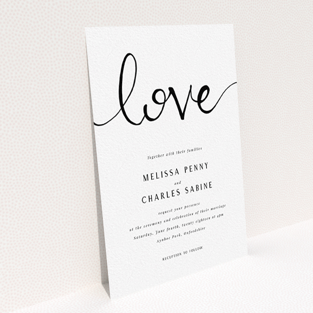A personalised wedding invitation design called "Simply Love". It is an A6 invite in a portrait orientation. "Simply Love" is available as a flat invite, with tones of white and black.