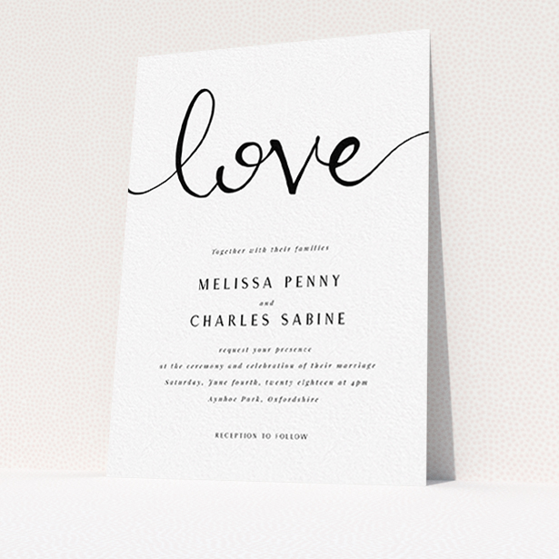 A personalised wedding invitation design called "Simply Love". It is an A6 invite in a portrait orientation. "Simply Love" is available as a flat invite, with tones of white and black.