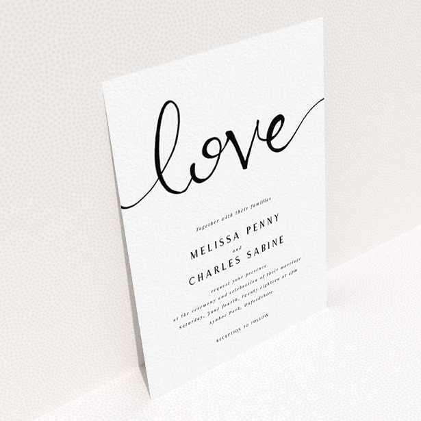 A personalised wedding invitation design called "Simply Love". It is an A6 invite in a portrait orientation. "Simply Love" is available as a flat invite, with tones of white and black.