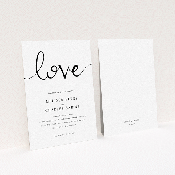 A personalised wedding invitation design called "Simply Love". It is an A6 invite in a portrait orientation. "Simply Love" is available as a flat invite, with tones of white and black.