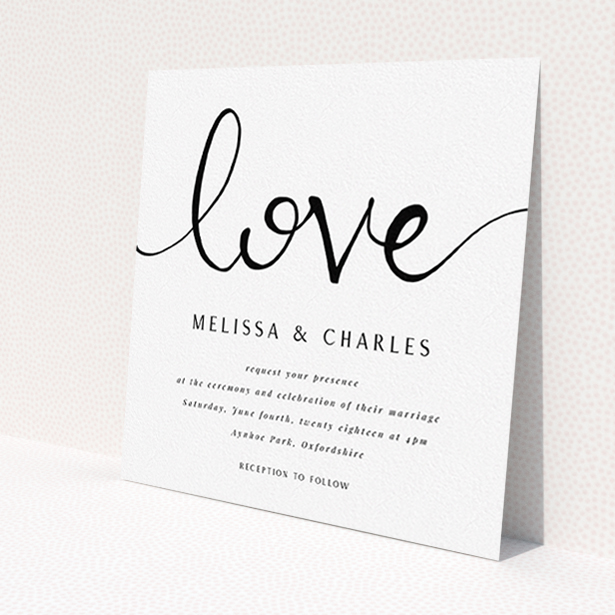A personalised wedding invitation design called 'Simply Love'. It is a square (148mm x 148mm) invite in a square orientation. 'Simply Love' is available as a flat invite, with tones of white and black.