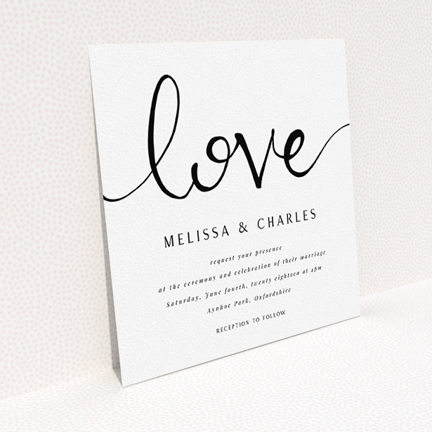 A personalised wedding invitation design called "Simply Love". It is a square (148mm x 148mm) invite in a square orientation. "Simply Love" is available as a flat invite, with tones of white and black.