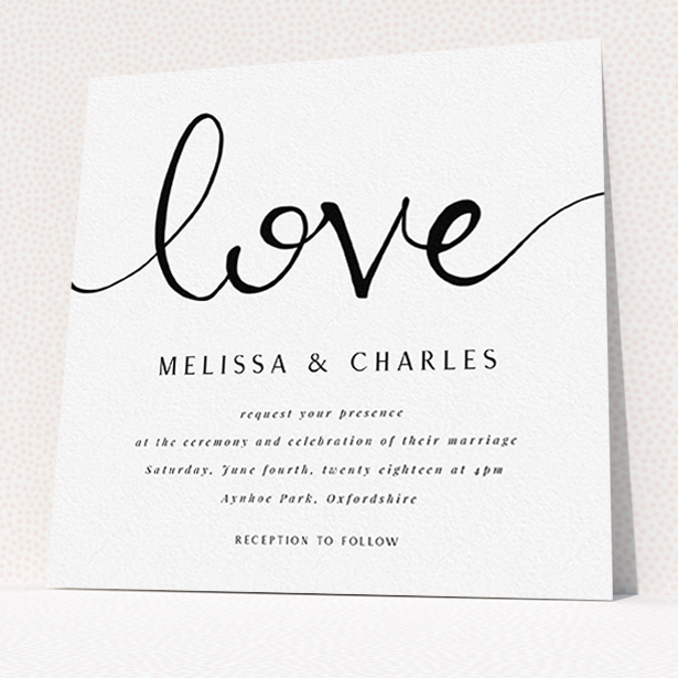A personalised wedding invitation design called "Simply Love". It is a square (148mm x 148mm) invite in a square orientation. "Simply Love" is available as a flat invite, with tones of white and black.