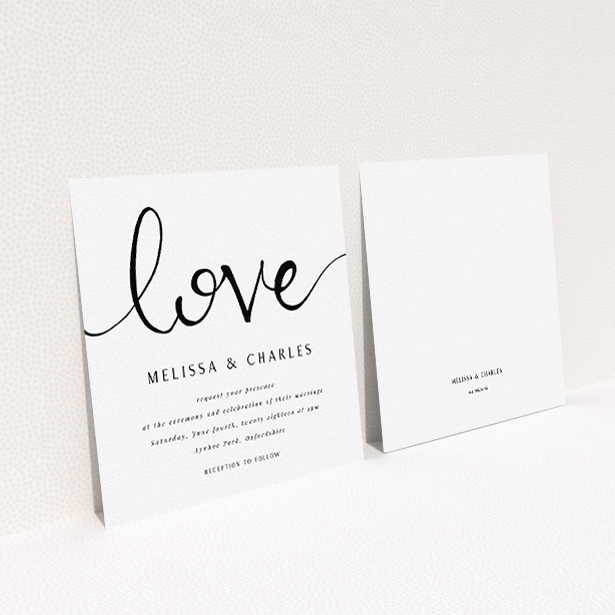 A personalised wedding invitation design called "Simply Love". It is a square (148mm x 148mm) invite in a square orientation. "Simply Love" is available as a flat invite, with tones of white and black.
