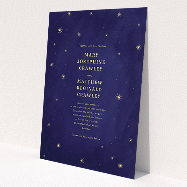 A personalised wedding invitation design titled 'Sky at night'. It is an A6 invite in a portrait orientation. 'Sky at night' is available as a flat invite, with tones of dark blue and yellow.