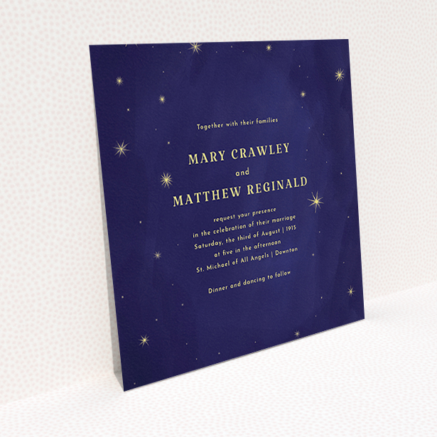 A personalised wedding invitation design called "Sky at night". It is a square (148mm x 148mm) invite in a square orientation. "Sky at night" is available as a flat invite, with tones of dark blue and yellow.