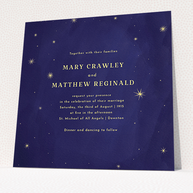 A personalised wedding invitation design called "Sky at night". It is a square (148mm x 148mm) invite in a square orientation. "Sky at night" is available as a flat invite, with tones of dark blue and yellow.