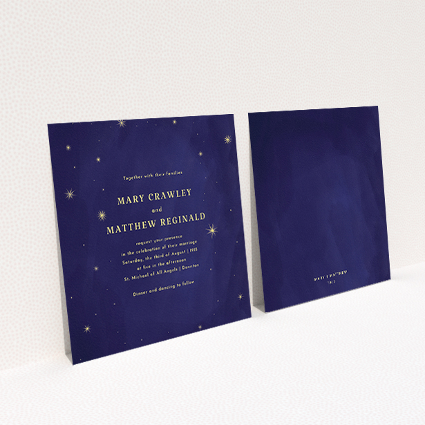 A personalised wedding invitation design called "Sky at night". It is a square (148mm x 148mm) invite in a square orientation. "Sky at night" is available as a flat invite, with tones of dark blue and yellow.