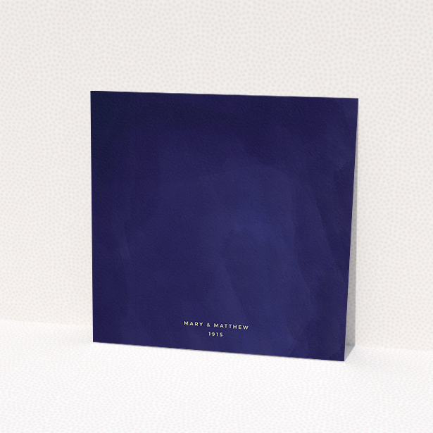 A personalised wedding invitation design called "Sky at night". It is a square (148mm x 148mm) invite in a square orientation. "Sky at night" is available as a flat invite, with tones of dark blue and yellow.