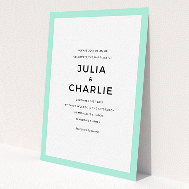 A personalised wedding invitation template titled 'Slight Frame'. It is an A6 invite in a portrait orientation. 'Slight Frame' is available as a flat invite, with tones of green and white.