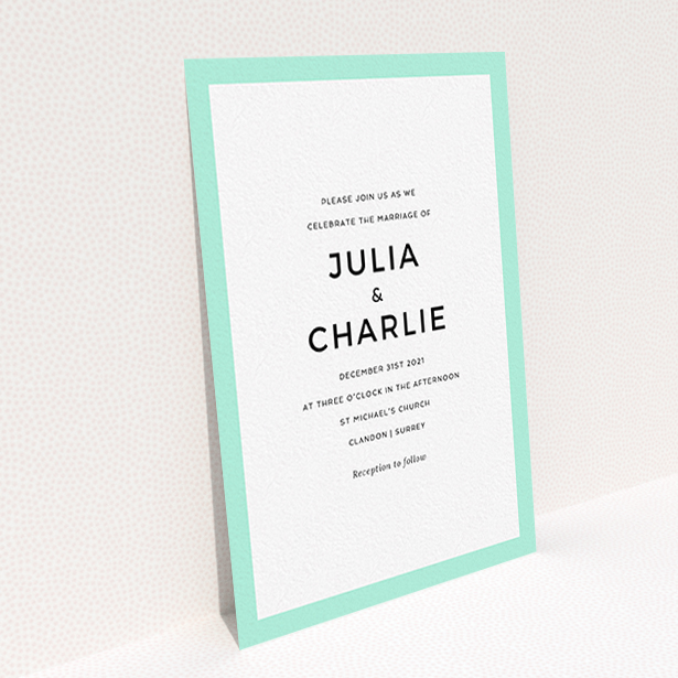 A personalised wedding invitation template titled "Slight Frame". It is an A6 invite in a portrait orientation. "Slight Frame" is available as a flat invite, with tones of green and white.