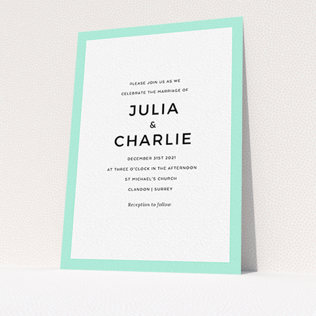 A personalised wedding invitation template titled "Slight Frame". It is an A6 invite in a portrait orientation. "Slight Frame" is available as a flat invite, with tones of green and white.