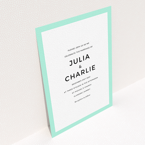 A personalised wedding invitation template titled "Slight Frame". It is an A6 invite in a portrait orientation. "Slight Frame" is available as a flat invite, with tones of green and white.