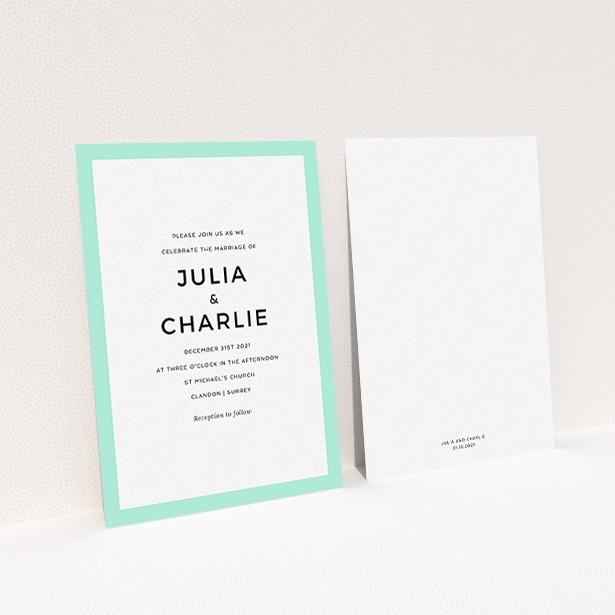 A personalised wedding invitation template titled "Slight Frame". It is an A6 invite in a portrait orientation. "Slight Frame" is available as a flat invite, with tones of green and white.