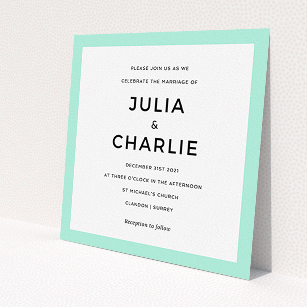 A personalised wedding invitation design titled 'Slight Frame'. It is a square (148mm x 148mm) invite in a square orientation. 'Slight Frame' is available as a flat invite, with tones of green and white.