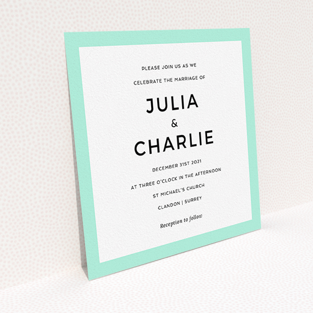 A personalised wedding invitation design titled "Slight Frame". It is a square (148mm x 148mm) invite in a square orientation. "Slight Frame" is available as a flat invite, with tones of green and white.