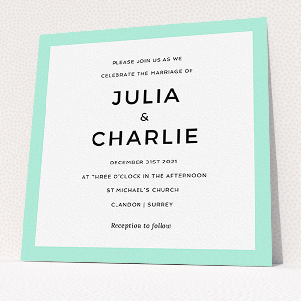 A personalised wedding invitation design titled "Slight Frame". It is a square (148mm x 148mm) invite in a square orientation. "Slight Frame" is available as a flat invite, with tones of green and white.