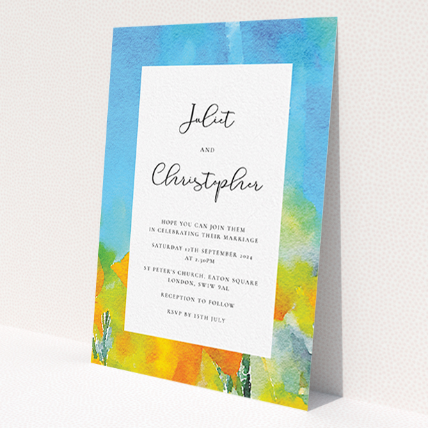 A personalised wedding invitation design called 'Sunny Meadow'. It is an A6 invite in a portrait orientation. 'Sunny Meadow' is available as a flat invite, with tones of blue, yellow and orange.