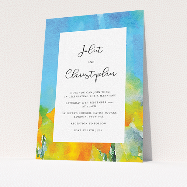 A personalised wedding invitation design called "Sunny Meadow". It is an A6 invite in a portrait orientation. "Sunny Meadow" is available as a flat invite, with tones of blue, yellow and orange.