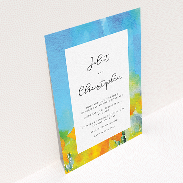 A personalised wedding invitation design called "Sunny Meadow". It is an A6 invite in a portrait orientation. "Sunny Meadow" is available as a flat invite, with tones of blue, yellow and orange.