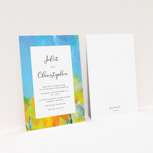 A personalised wedding invitation design called "Sunny Meadow". It is an A6 invite in a portrait orientation. "Sunny Meadow" is available as a flat invite, with tones of blue, yellow and orange.