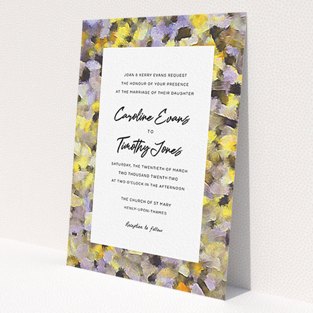 A personalised wedding invitation design titled 'Sunrise Oils'. It is an A6 invite in a portrait orientation. 'Sunrise Oils' is available as a flat invite, with tones of yellow, light purple and grey.