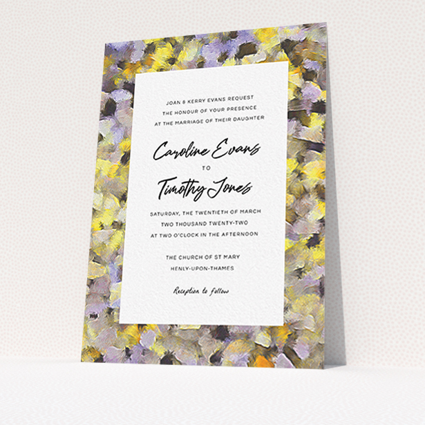 A personalised wedding invitation design titled "Sunrise Oils". It is an A6 invite in a portrait orientation. "Sunrise Oils" is available as a flat invite, with tones of yellow, light purple and grey.