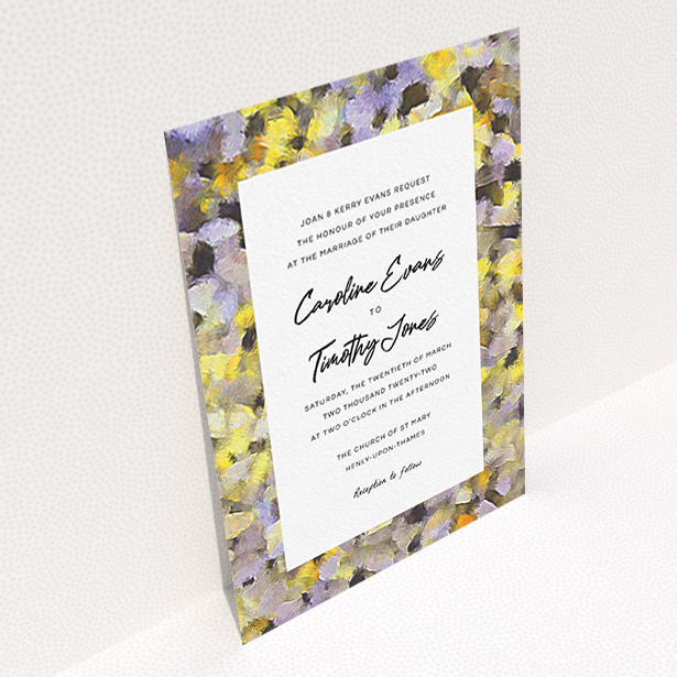 A personalised wedding invitation design titled "Sunrise Oils". It is an A6 invite in a portrait orientation. "Sunrise Oils" is available as a flat invite, with tones of yellow, light purple and grey.