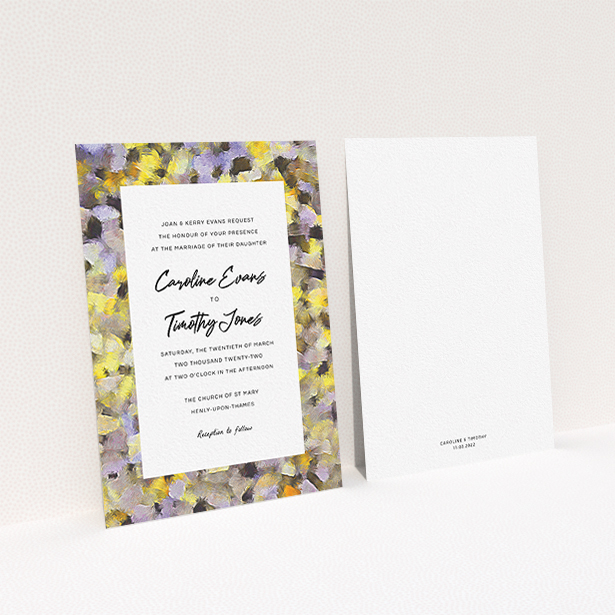 A personalised wedding invitation design titled "Sunrise Oils". It is an A6 invite in a portrait orientation. "Sunrise Oils" is available as a flat invite, with tones of yellow, light purple and grey.