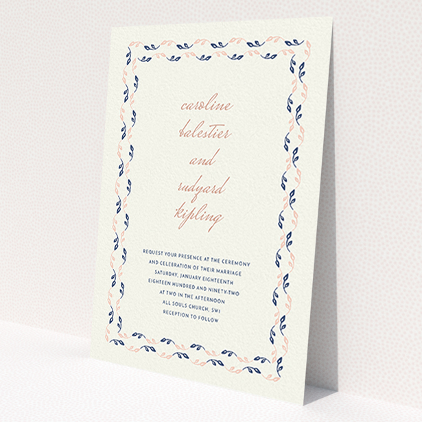A personalised wedding invitation design called 'Swimming in the garden'. It is an A6 invite in a portrait orientation. 'Swimming in the garden' is available as a flat invite, with tones of cream, pink and navy blue.