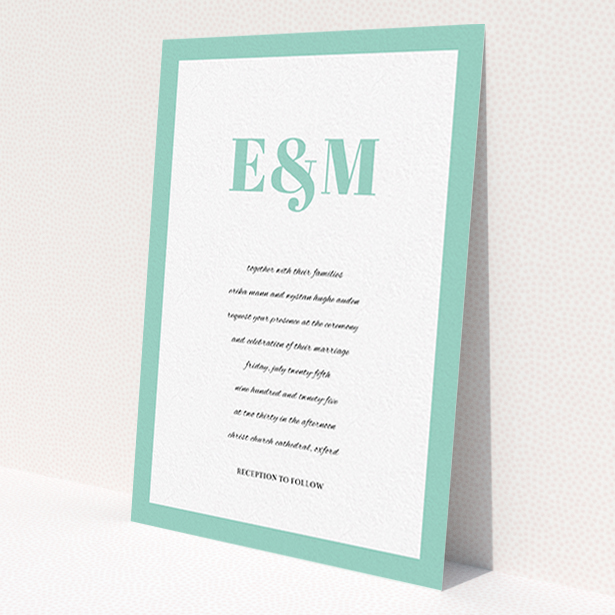 A personalised wedding invitation named 'Take on the sides'. It is an A6 invite in a portrait orientation. 'Take on the sides' is available as a flat invite, with tones of green and white.
