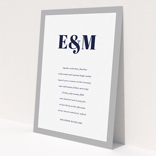 A personalised wedding invitation template titled 'Take on the sides'. It is an A6 invite in a portrait orientation. 'Take on the sides' is available as a flat invite, with tones of grey and white.