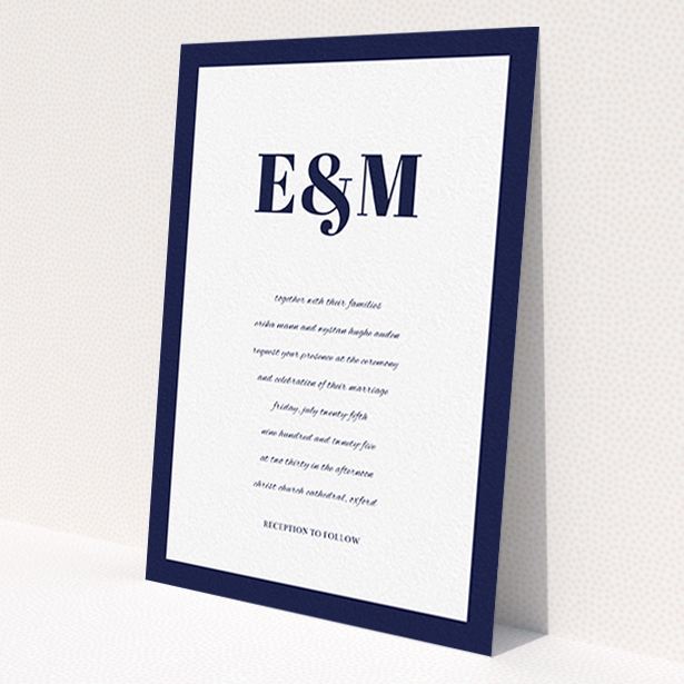 A personalised wedding invitation template titled 'Take on the sides'. It is an A6 invite in a portrait orientation. 'Take on the sides' is available as a flat invite, with tones of navy blue and white.