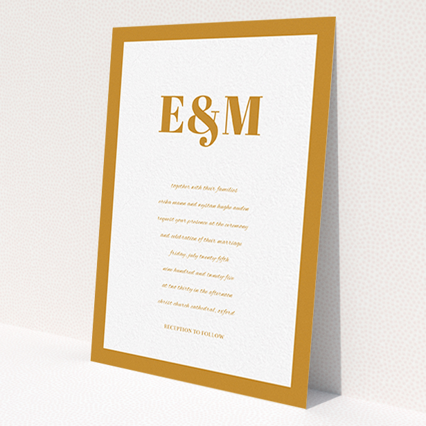 A personalised wedding invitation design named 'Take on the sides'. It is an A6 invite in a portrait orientation. 'Take on the sides' is available as a flat invite, with tones of orange and white.