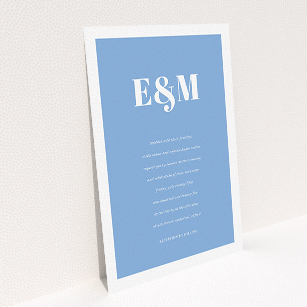 A personalised wedding invitation design titled "Take on the sides". It is an A6 invite in a portrait orientation. "Take on the sides" is available as a flat invite, with tones of blue and white.