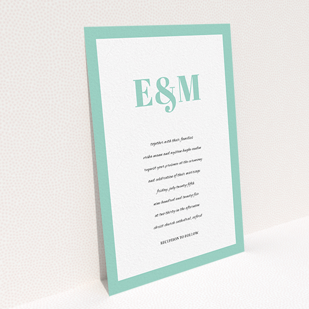 A personalised wedding invitation named "Take on the sides". It is an A6 invite in a portrait orientation. "Take on the sides" is available as a flat invite, with tones of green and white.