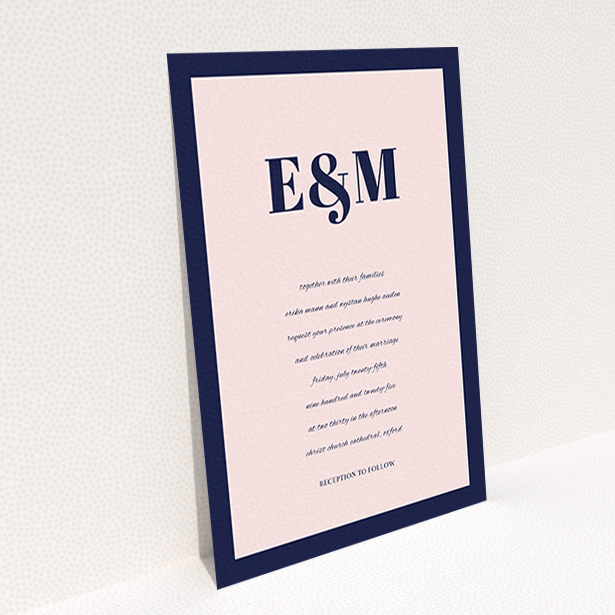 A personalised wedding invitation named "Take on the sides". It is an A6 invite in a portrait orientation. "Take on the sides" is available as a flat invite, with tones of navy blue and pink.