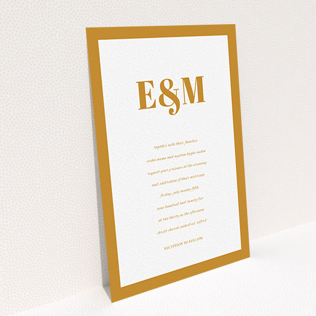 A personalised wedding invitation design named "Take on the sides". It is an A6 invite in a portrait orientation. "Take on the sides" is available as a flat invite, with tones of orange and white.