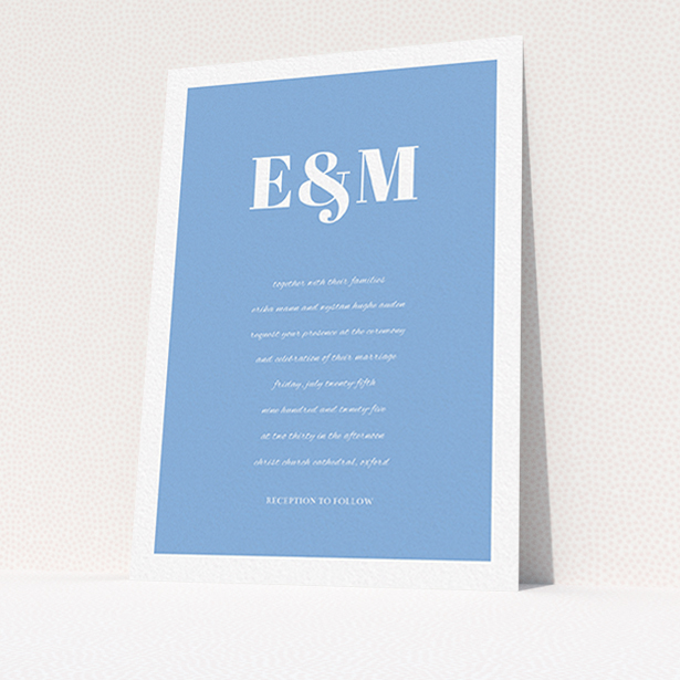 A personalised wedding invitation design titled "Take on the sides". It is an A6 invite in a portrait orientation. "Take on the sides" is available as a flat invite, with tones of blue and white.