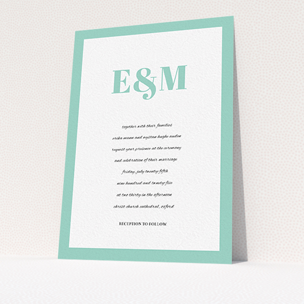 A personalised wedding invitation named "Take on the sides". It is an A6 invite in a portrait orientation. "Take on the sides" is available as a flat invite, with tones of green and white.