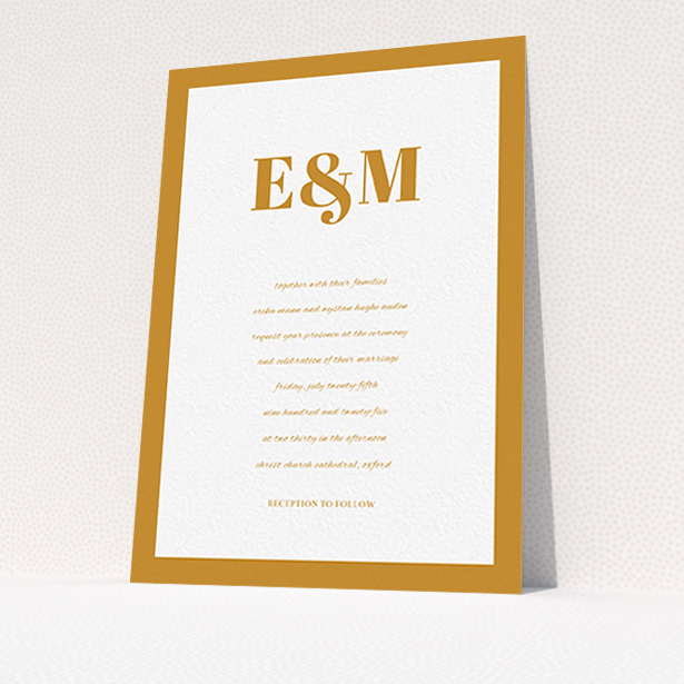 A personalised wedding invitation design named "Take on the sides". It is an A6 invite in a portrait orientation. "Take on the sides" is available as a flat invite, with tones of orange and white.