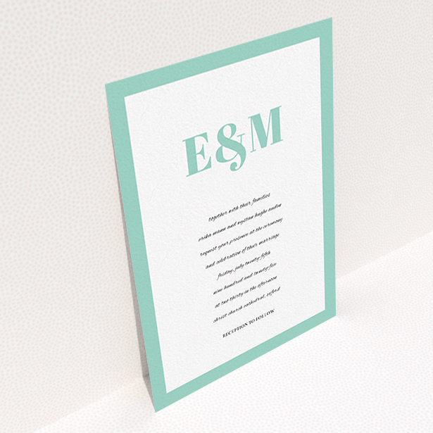 A personalised wedding invitation named "Take on the sides". It is an A6 invite in a portrait orientation. "Take on the sides" is available as a flat invite, with tones of green and white.