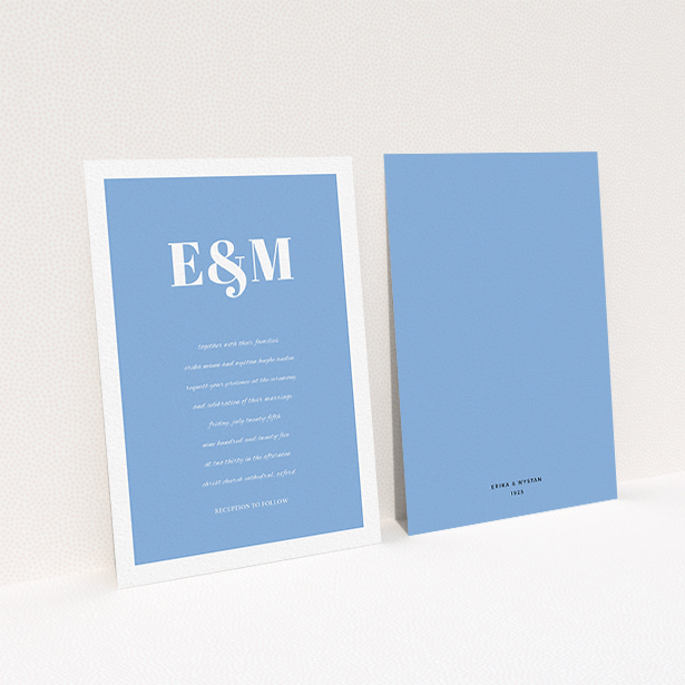 A personalised wedding invitation design titled "Take on the sides". It is an A6 invite in a portrait orientation. "Take on the sides" is available as a flat invite, with tones of blue and white.