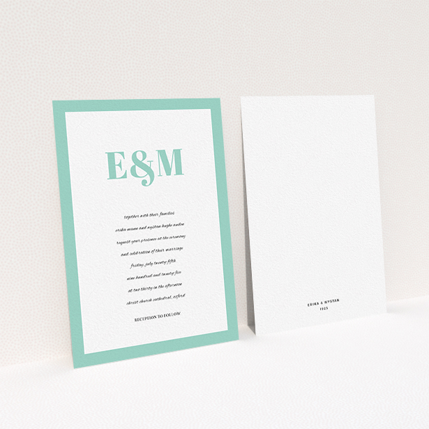 A personalised wedding invitation named "Take on the sides". It is an A6 invite in a portrait orientation. "Take on the sides" is available as a flat invite, with tones of green and white.