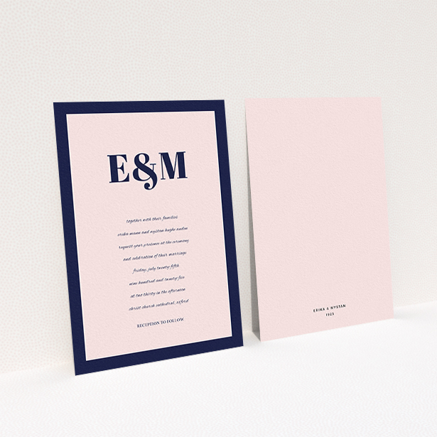 A personalised wedding invitation named "Take on the sides". It is an A6 invite in a portrait orientation. "Take on the sides" is available as a flat invite, with tones of navy blue and pink.