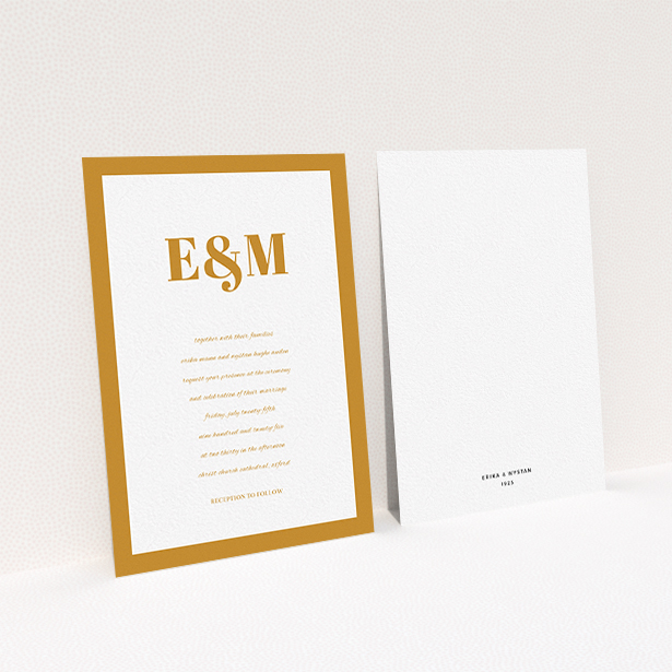 A personalised wedding invitation design named "Take on the sides". It is an A6 invite in a portrait orientation. "Take on the sides" is available as a flat invite, with tones of orange and white.