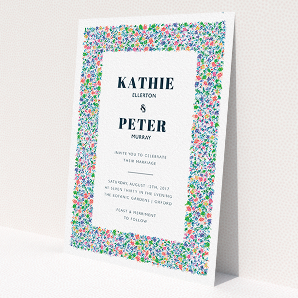 A personalised wedding invitation named 'The faraway garden'. It is an A6 invite in a portrait orientation. 'The faraway garden' is available as a flat invite, with tones of white, blue and green.