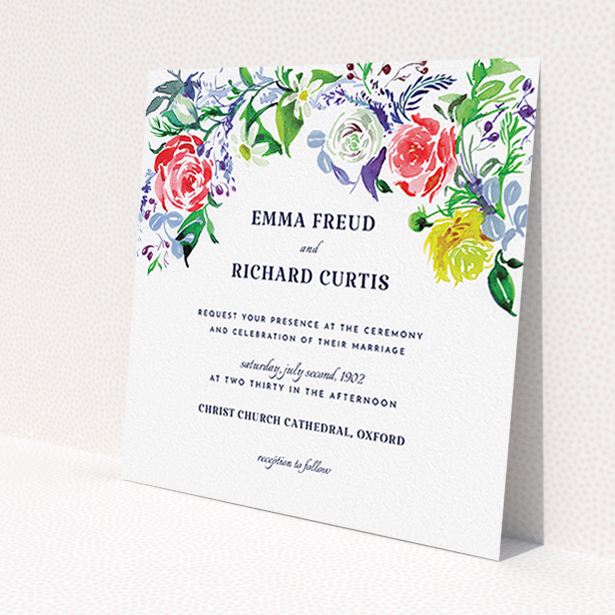 A personalised wedding invitation named 'The flowerbed'. It is a square (148mm x 148mm) invite in a square orientation. 'The flowerbed' is available as a flat invite, with mainly green colouring.